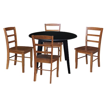 International Concepts 42 in. Solid Wood Round Dual Drop Leaf Dining Table with 4 Chairs in Black/Distressed Oak K46-42DL-C42-2-4